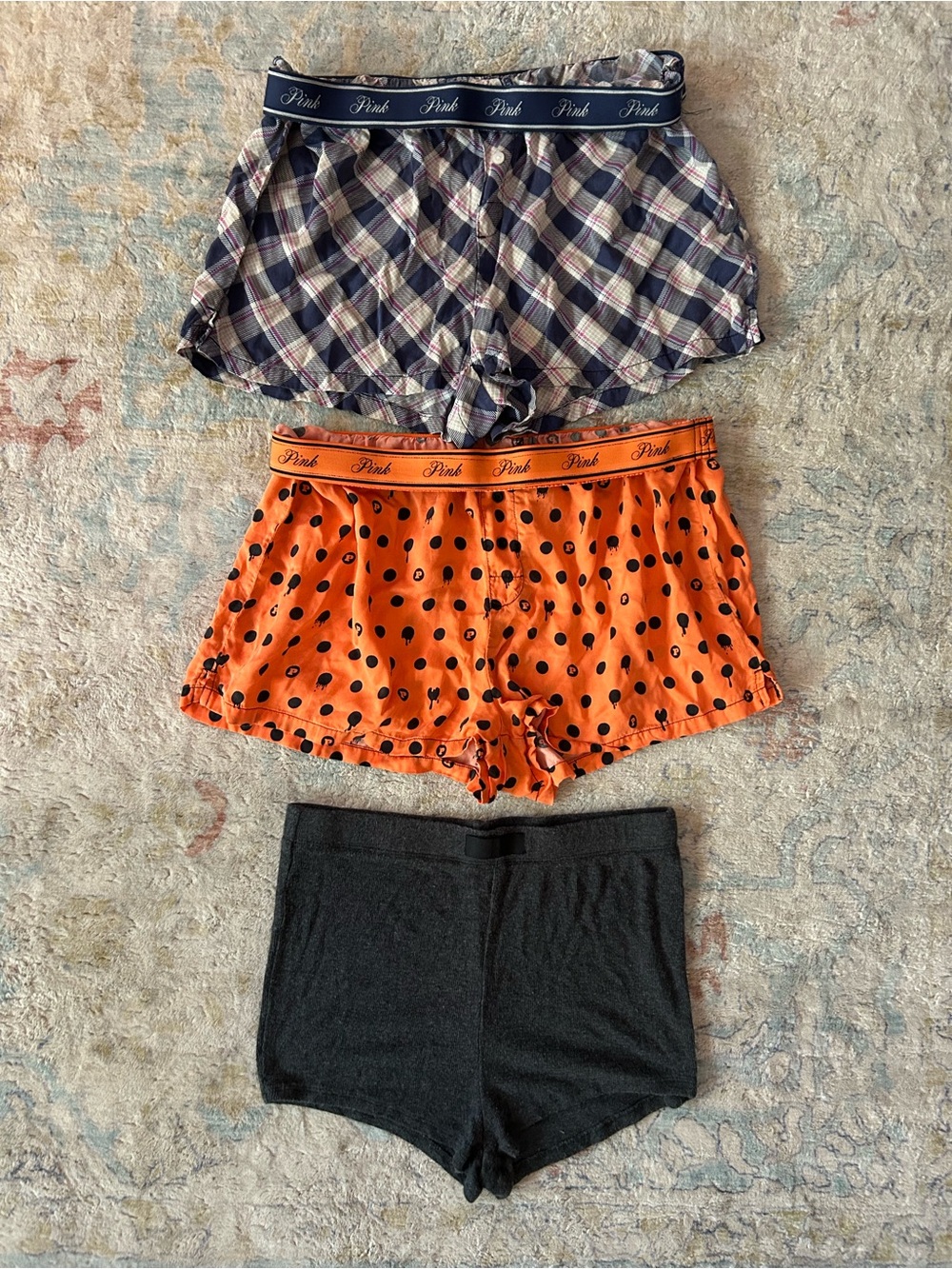 PINK Victoria's Secret Orange Polka Dot & Plaid Cotton Sleep Shorts Set